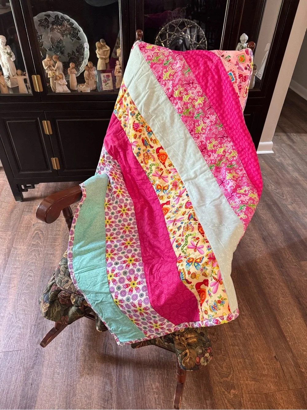 Hand Crafted Pink & Aqua Striped Patchwork Quilt 34 x 42
